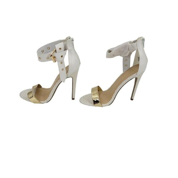 Shoe Dazzle Heels Phoebe White Snake Textured Ankle Strap Open Toe Stilettos 8 - Picture 3 of 10